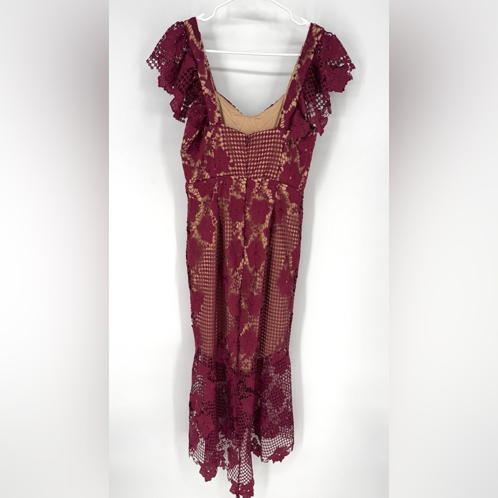 Bardot feminine whimsical  fairy Burgundy Lace romantic, formal Midi Dress - Picture 4 of 14